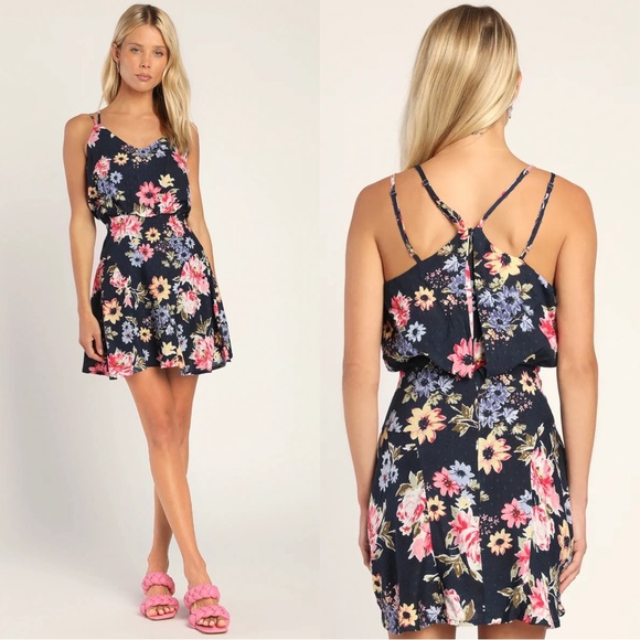 Lulus Dresses & Skirts - Lulu’s NWT Navy Blue Floral Print Mini Dress XL